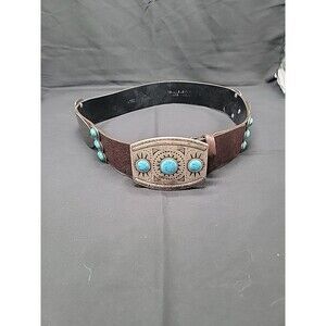 Western Sandy Duftler Womens Turquoise Belt Silver Tone Brown Leather Size Med